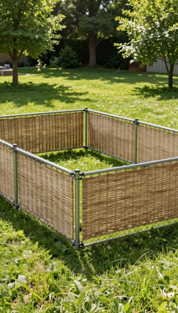 Chain link fence with privacy slats in a backyard dog run, creating a calm enclosed space with natural light and soft shadows.