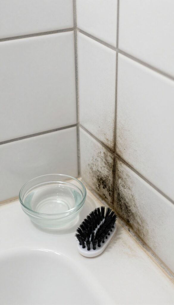 Close-up of moldy shower grout with bleach solution and brush, bright natural light, photorealistic