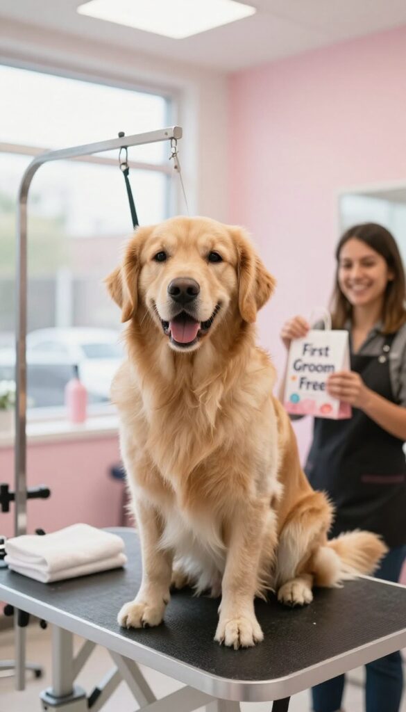 Happy freshly groomed golden retriever on a grooming table in a bright pet salon, with a subtle referral program theme.