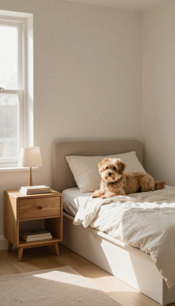 Nightstand dog bed in a cozy bedroom with a small dog resting on a cushion inside the built-in bed compartment, lamp and book on top, warm natural light.
