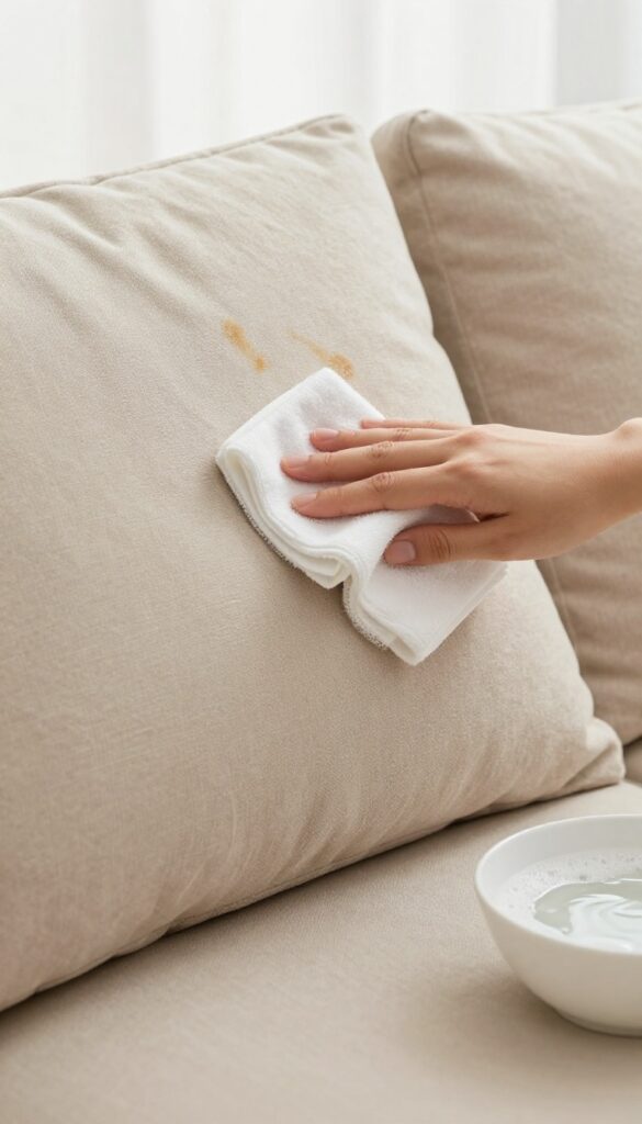 Blotting a grease stain on a beige sofa cushion with a white cloth and soapy water