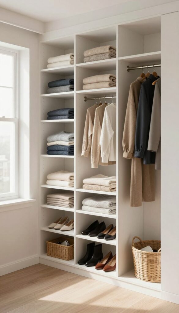 Organized closet floor and shelf with shoes, folded clothes, and a basket of accessories in natural light