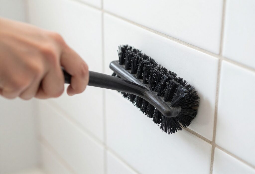 Hand scrubbing tile grout with a brush, showing clean and dirty grout contrast.