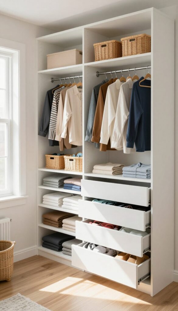 Organized closet with neatly hung clothes and folded items in drawers, bright natural light