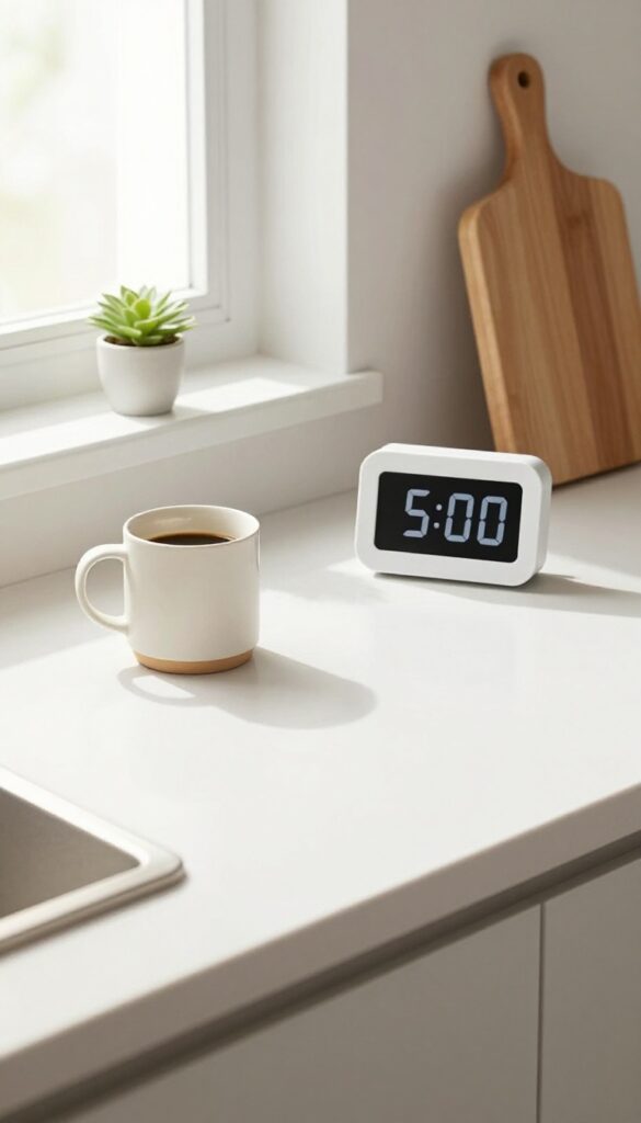 A clean kitchen counter with a timer set to five minutes, illustrating a quick room rescue.