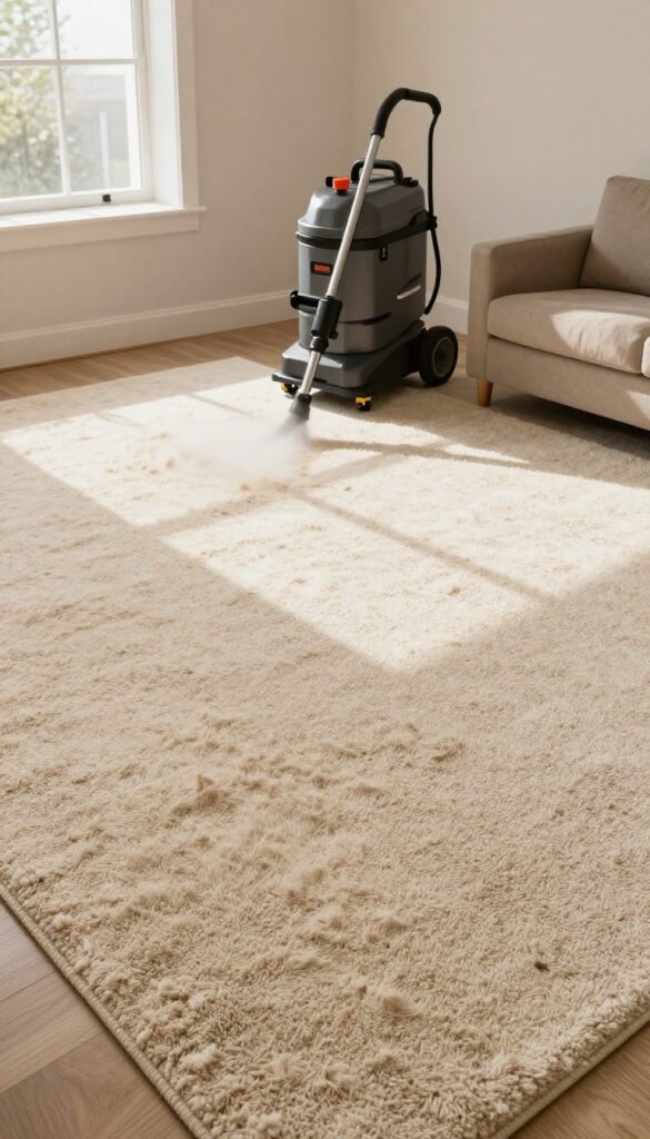 Professional carpet steam cleaning machine in a bright living room, showing clean versus dirty carpet areas.