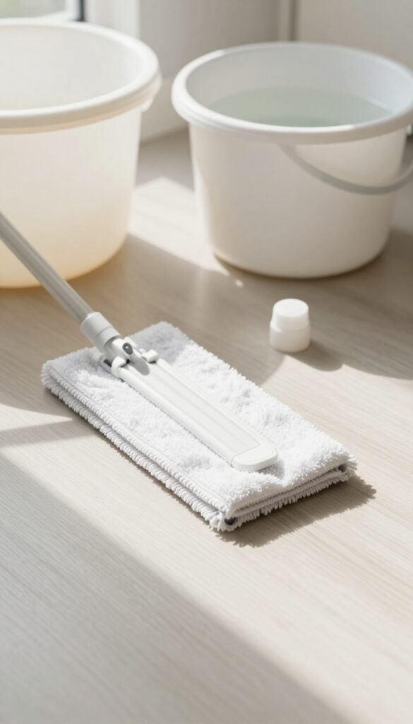 Person mopping a laminate floor with fabric softener in the mop water to reduce static and dust attraction.