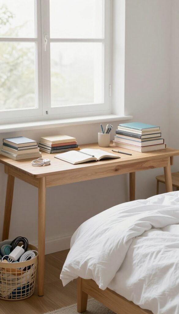 Grouping like items together on a desk and in baskets in a tidy bedroom