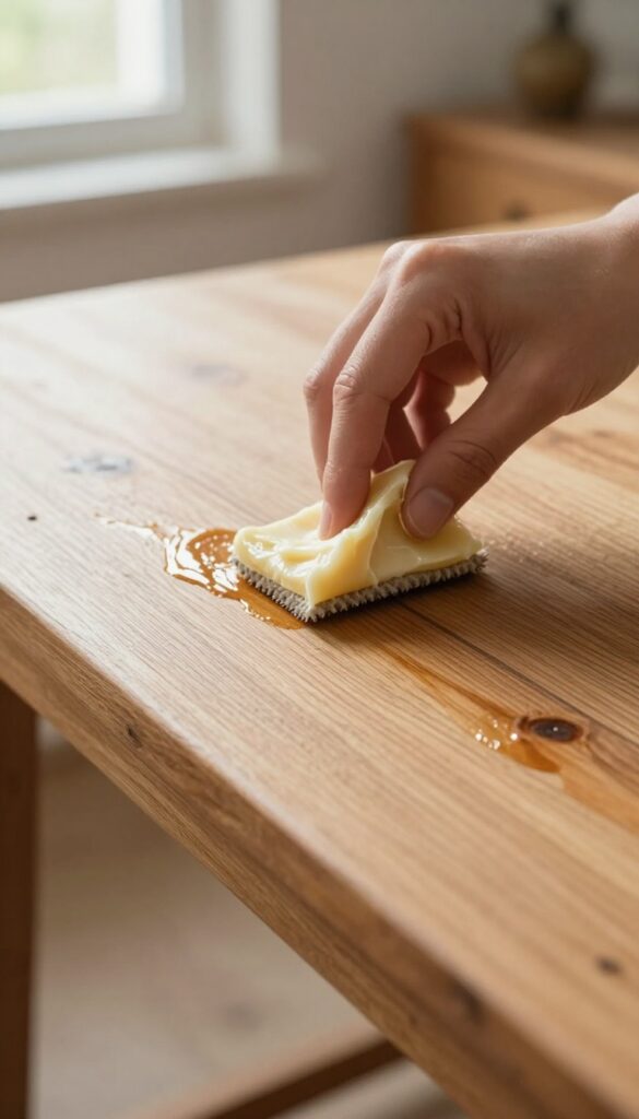 Hand applying paste wax with steel wool to restore old wood furniture