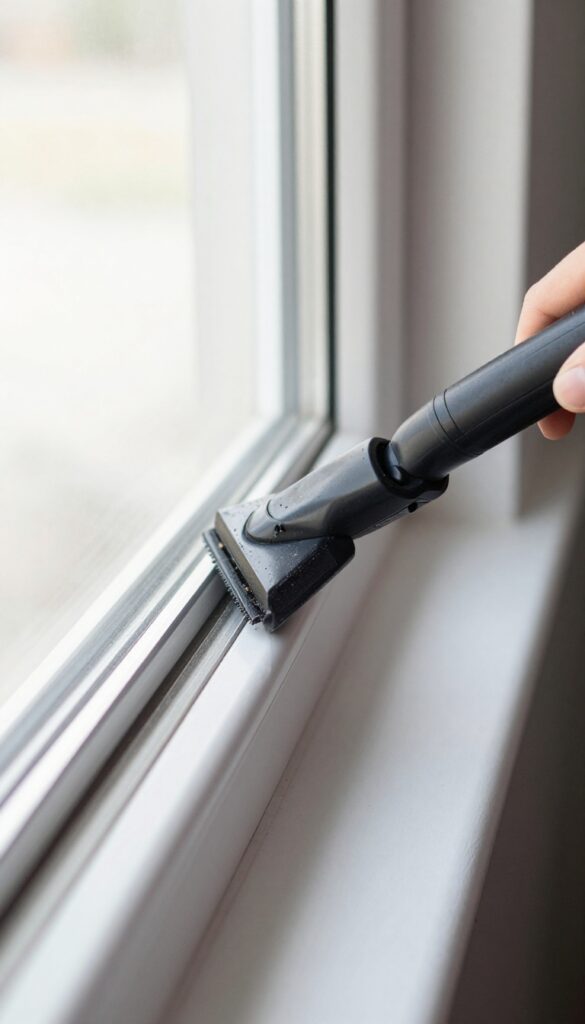 Cleaning window tracks with a vacuum crevice tool to remove loose dirt and debris before wet cleaning.