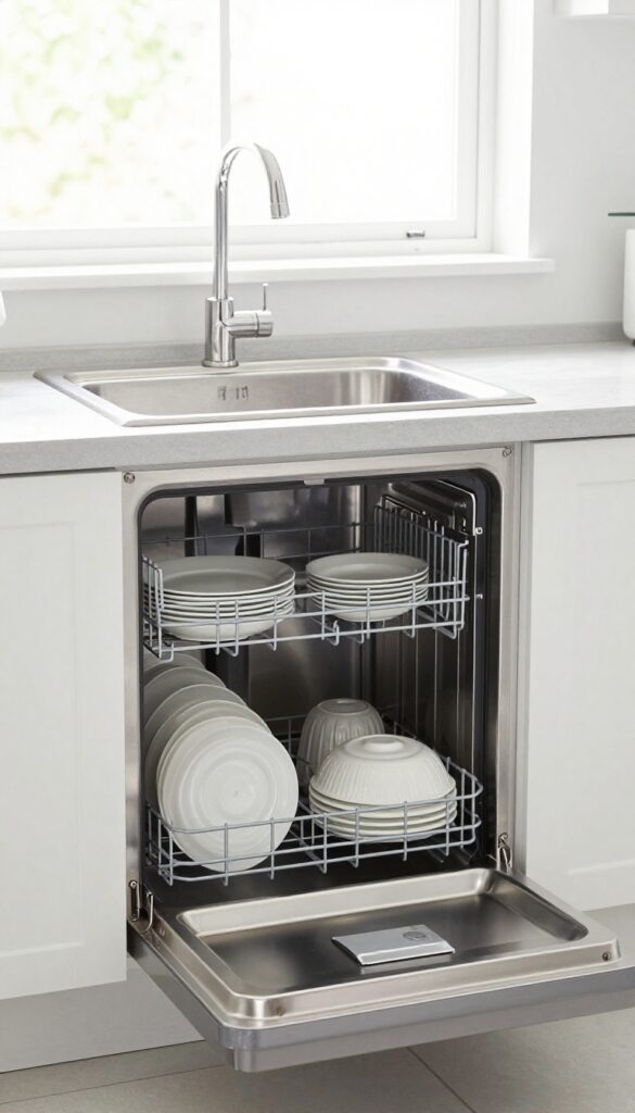 Clean kitchen sink and open dishwasher with neatly stacked dishes
