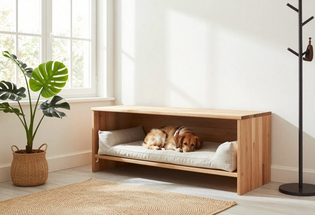 A stylish entryway with a wooden dog bed bench, a small dog sleeping on the bed, and decor items like a rug and plant.