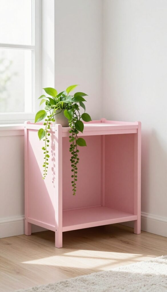 Pink dog crate with built-in plant shelf, trailing greenery, near a window in a bright room