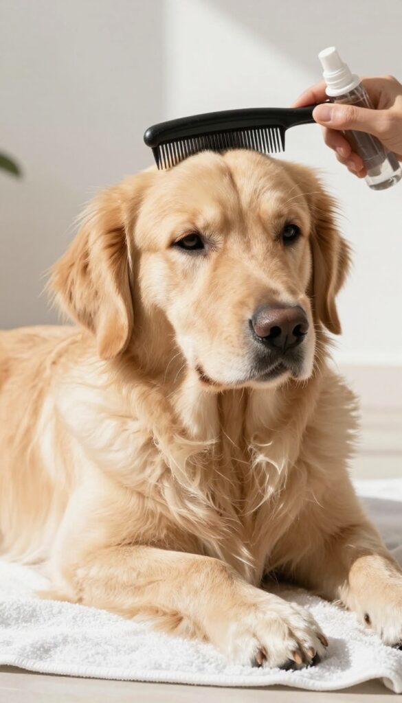 Close-up of a golden retriever's fur being brushed with a wide-tooth comb after detangling spray, in bright natural light