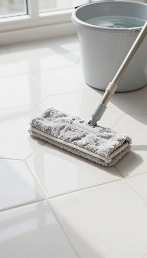 A flat microfiber mop cleaning a shiny white tile floor with a bucket of soapy water nearby.