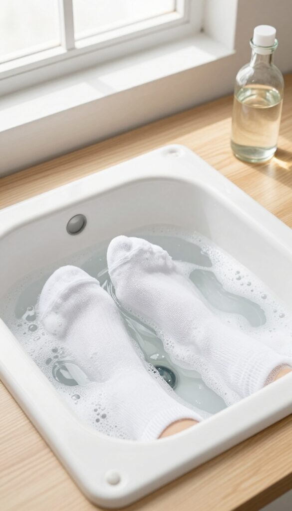 White socks soaking in a basin with baking soda and vinegar bubbles, bright natural light, clean laundry scene