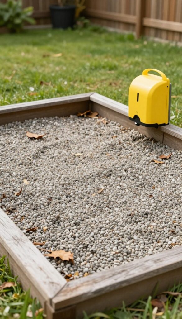 Dog potty area with pea gravel in a sunny backyard