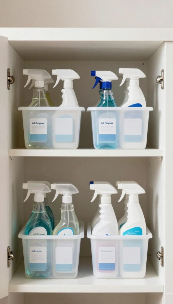 Clear stackable bins organizing cleaning supplies in a cabinet