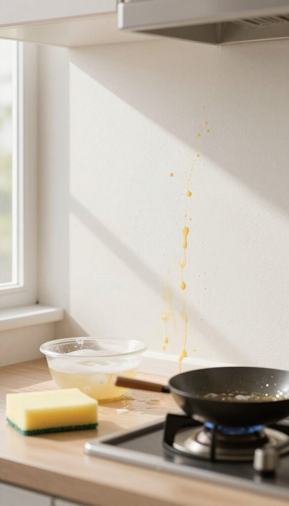 Cleaning grease spots on kitchen wall with dish soap and warm water using a soft sponge