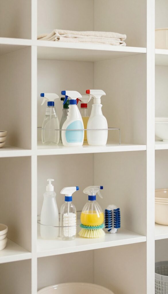 A white lazy Susan on a shelf inside a clean closet, holding various cleaning spray bottles and brushes, with soft natural light.