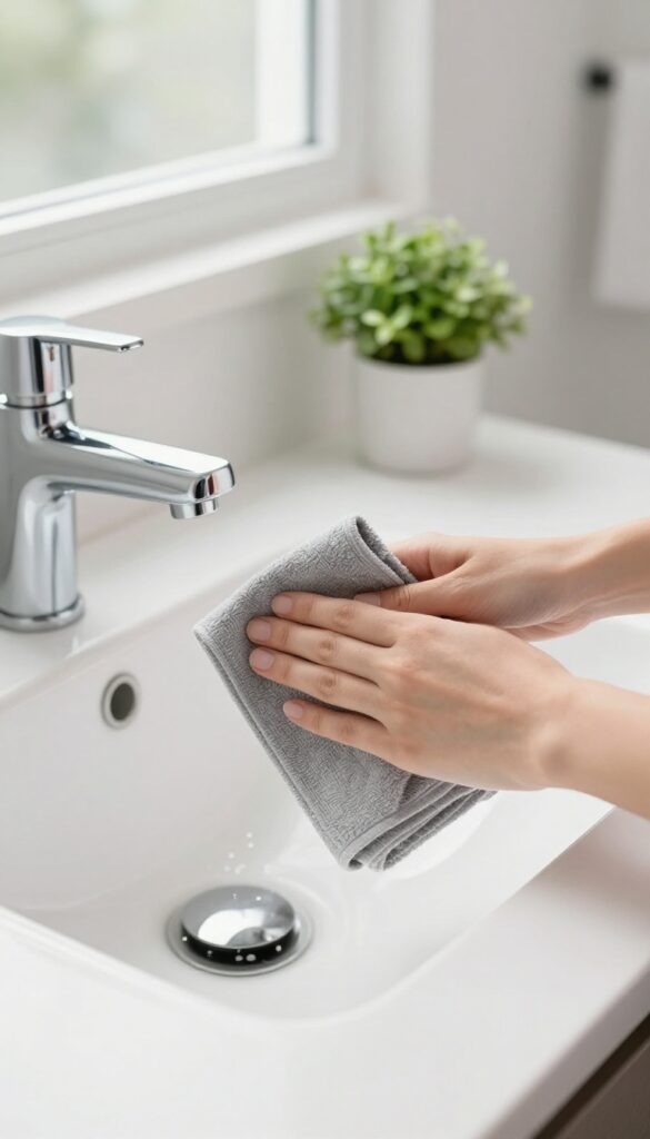 A hand wiping a bathroom faucet with a microfiber cloth, clean countertop, bright natural light.