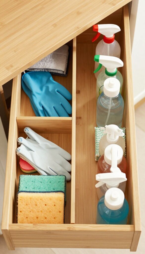 Deep drawer with bamboo dividers organizing cleaning supplies like gloves, scrub pads, and duster.