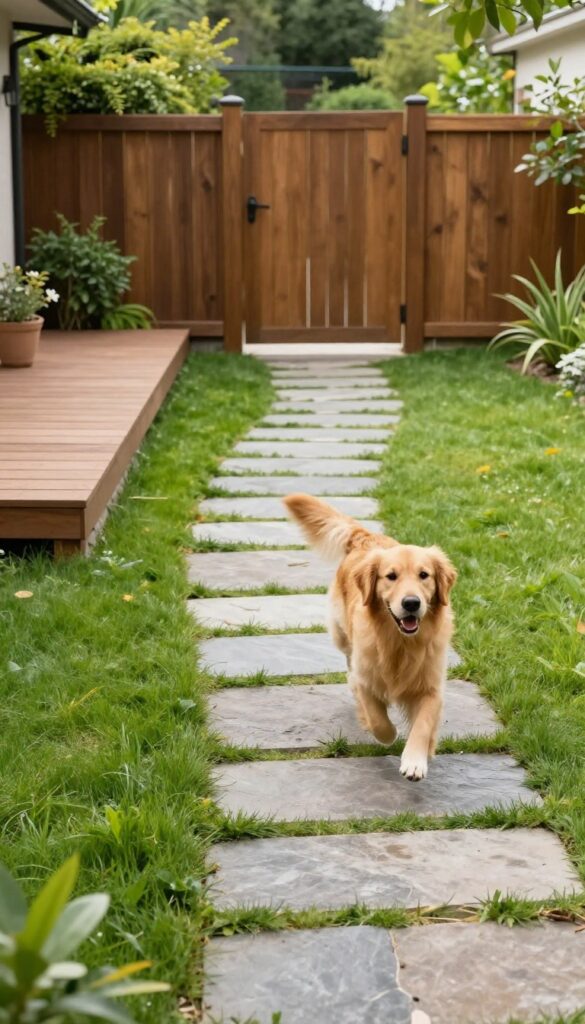 Dog running on a flagstone path in a sunny backyard with grass and plants