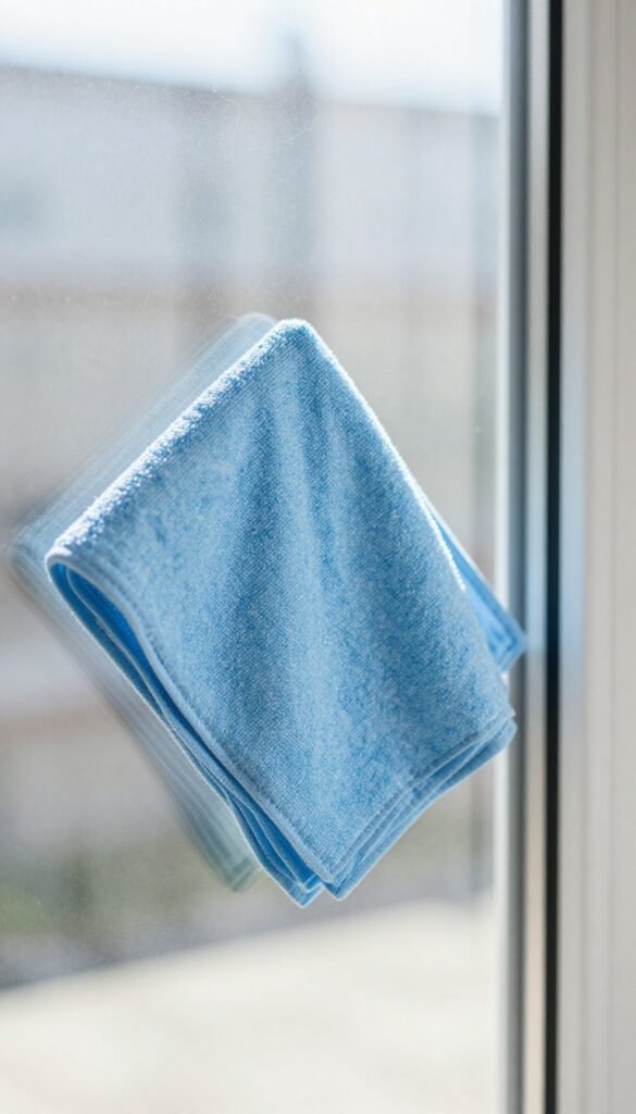 Microfiber cloth cleaning a glass window for a streak-free shine