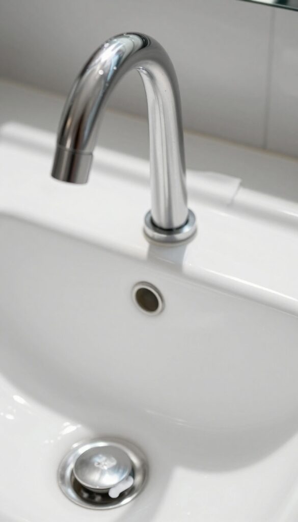 Sparkling clean bathroom sink and chrome faucet with natural light, reflecting cleanliness and shine.