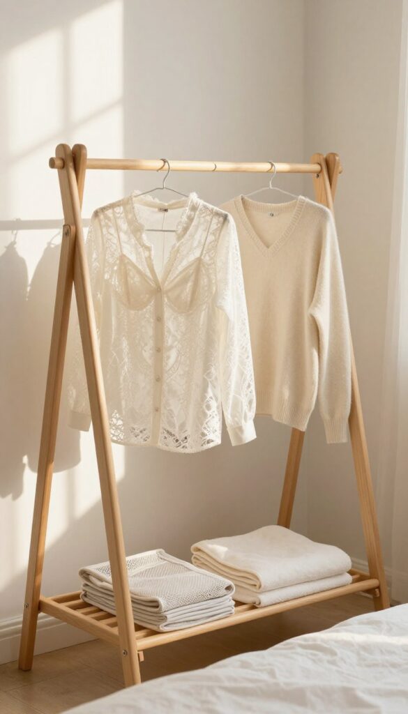 Air drying delicate clothes on a rack in a bright bedroom