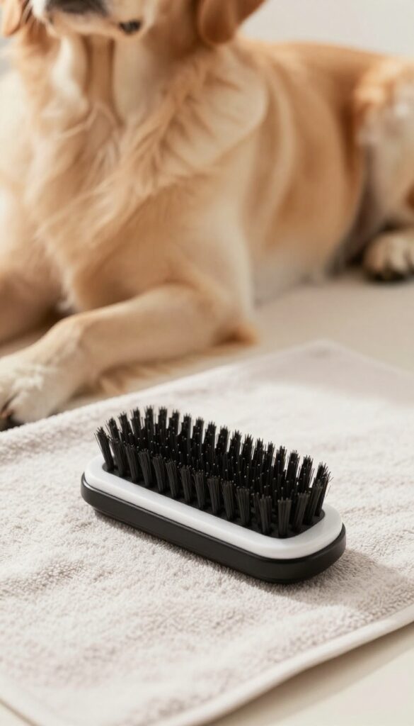 Slicker brush on a towel with a dog's shiny fur in the background