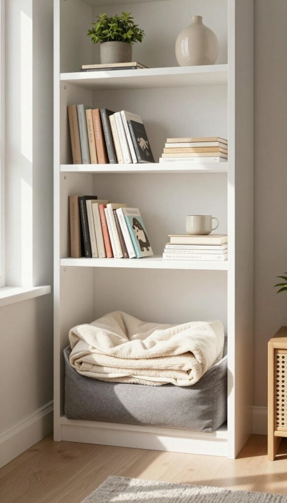Bookshelf dog bed in a bright living room with books and decor on upper shelves and a cozy dog bed in the lower cubby