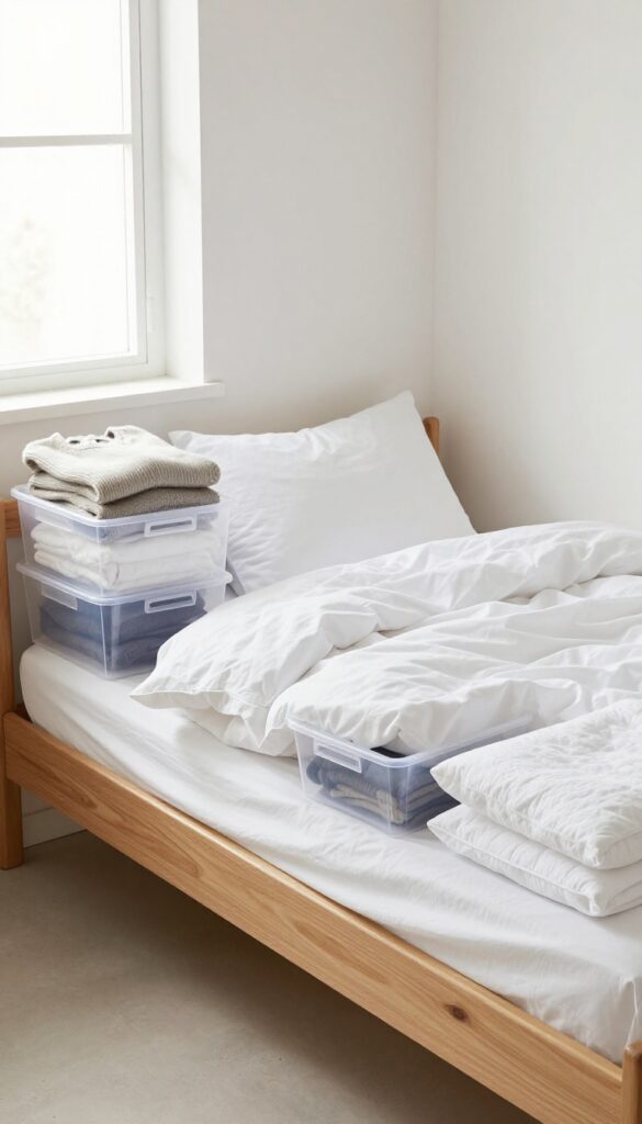 Organized under-bed storage with clear labeled bins and neatly folded items