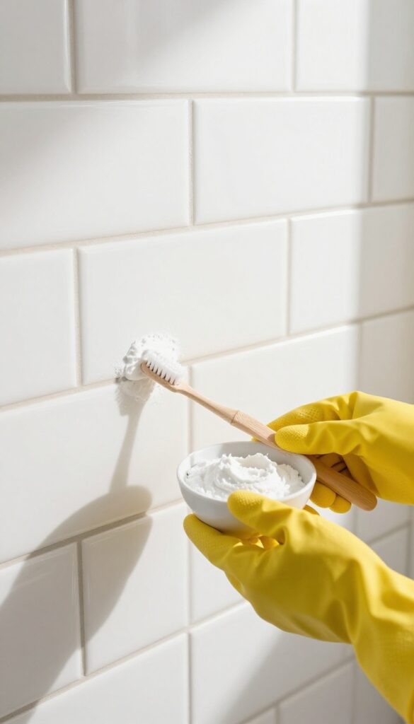 Hand applying baking soda paste to grout lines with a toothbrush in a bright bathroom.