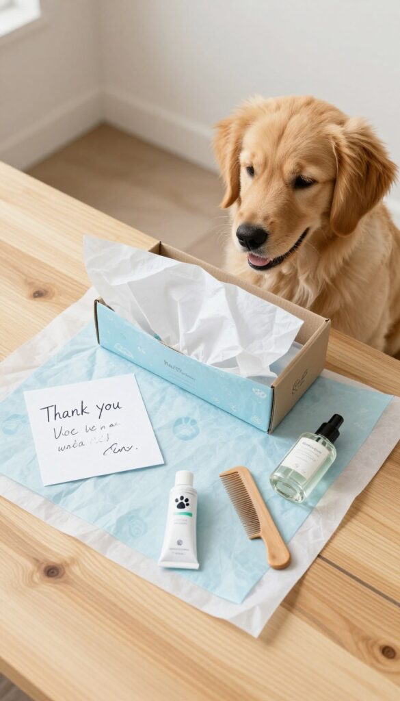 Dog grooming unboxing experience with branded tissue paper, thank-you note, samples, and a curious puppy