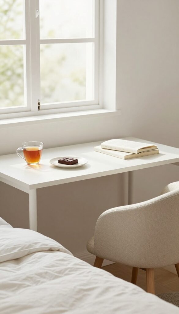 Clean desk zone with a small reward of chocolate and tea, bright natural light, organized room