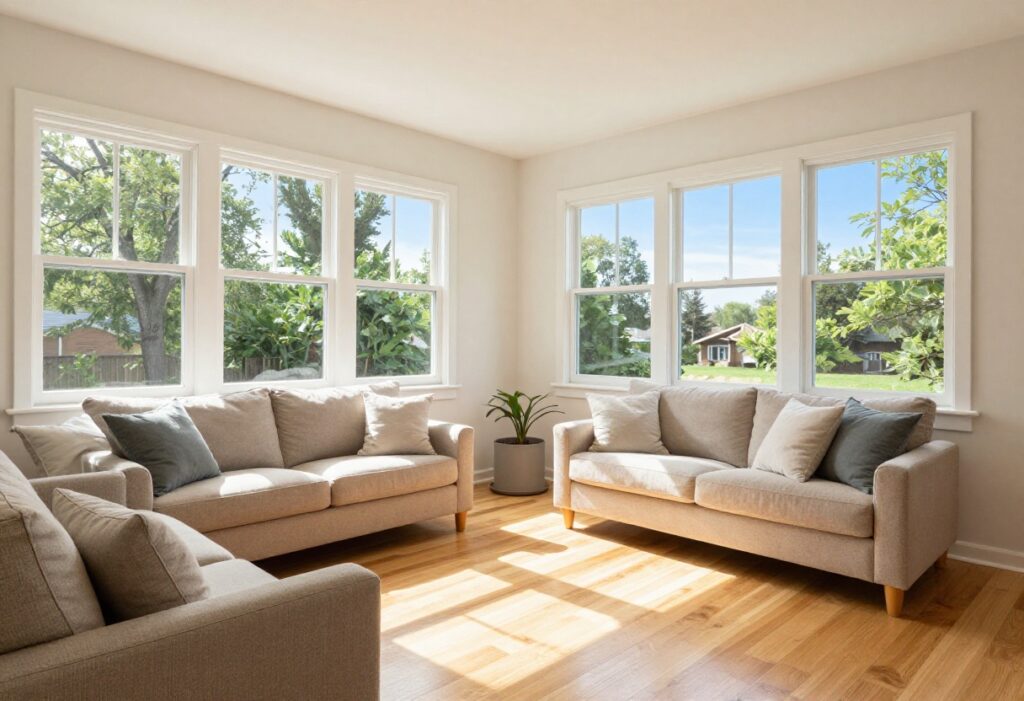Sunlit living room with sparkling clean windows and a view of trees and sky