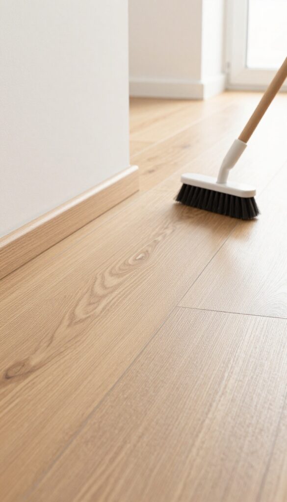 Soft bristle brush cleaning grooves and edges of laminate wood floor for streak-free shine