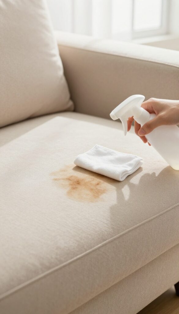 Close-up of a beige couch with a pet stain being blotted with a white cloth, a spray bottle nearby, natural light.