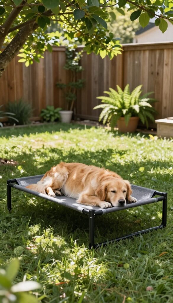 Elevated cot dog bed in a shady backyard with a golden retriever resting comfortably, showcasing airflow and outdoor durability.