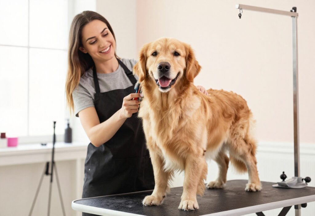 Happy golden retriever being groomed in a bright, modern salon with a smiling groomer