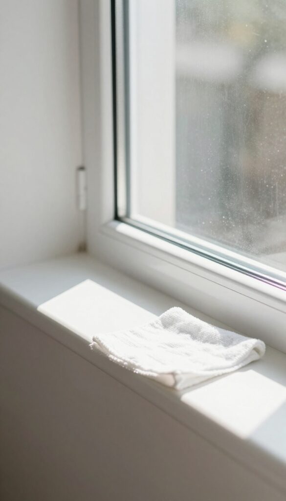 Sparkling clean window and mirror with sunlight streaming through, microfiber cloth on sill, clean tracks.