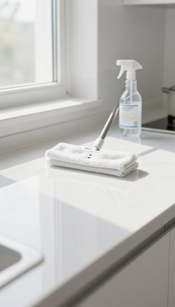 Streak-free glass tile floor cleaned with rubbing alcohol solution, microfiber mop and spray bottle nearby