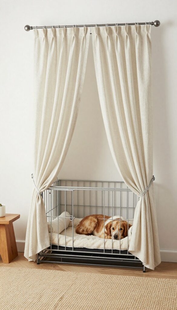 Dog crate with cozy canopy curtains blending into living room decor