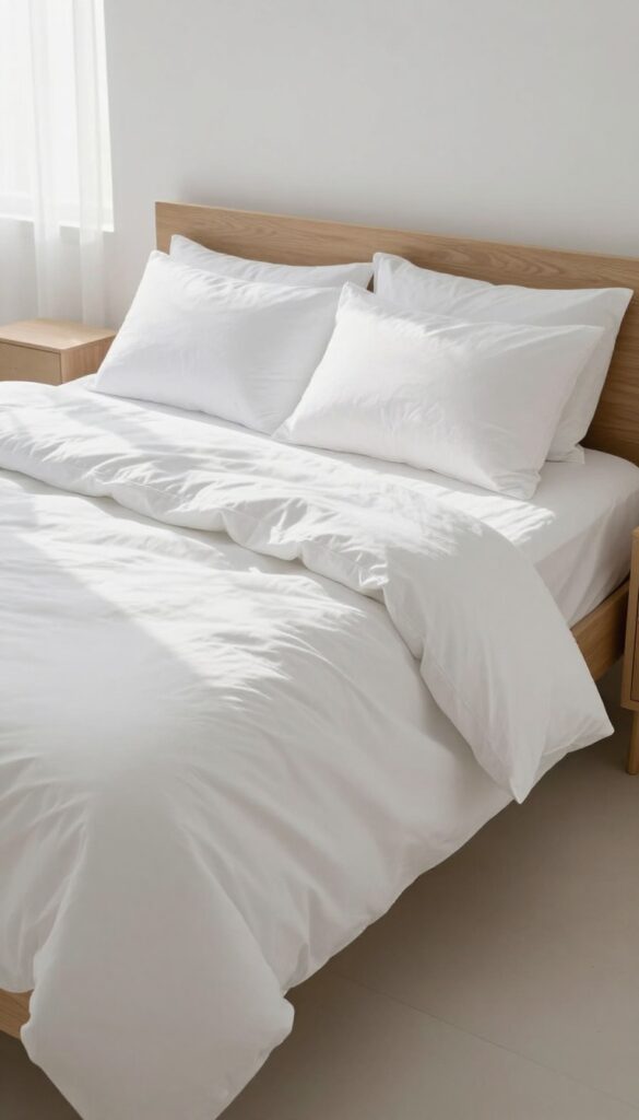 A neatly made bed in a clean, sunlit bedroom with white bedding and pillows.