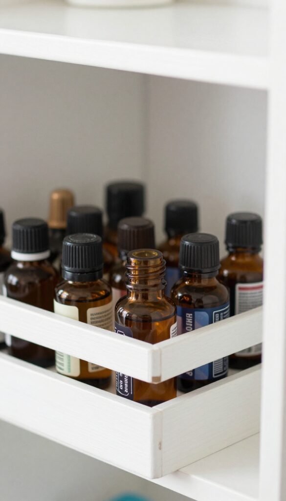 Spice rack mounted inside a cabinet door holding small bottles of essential oils and stain removers