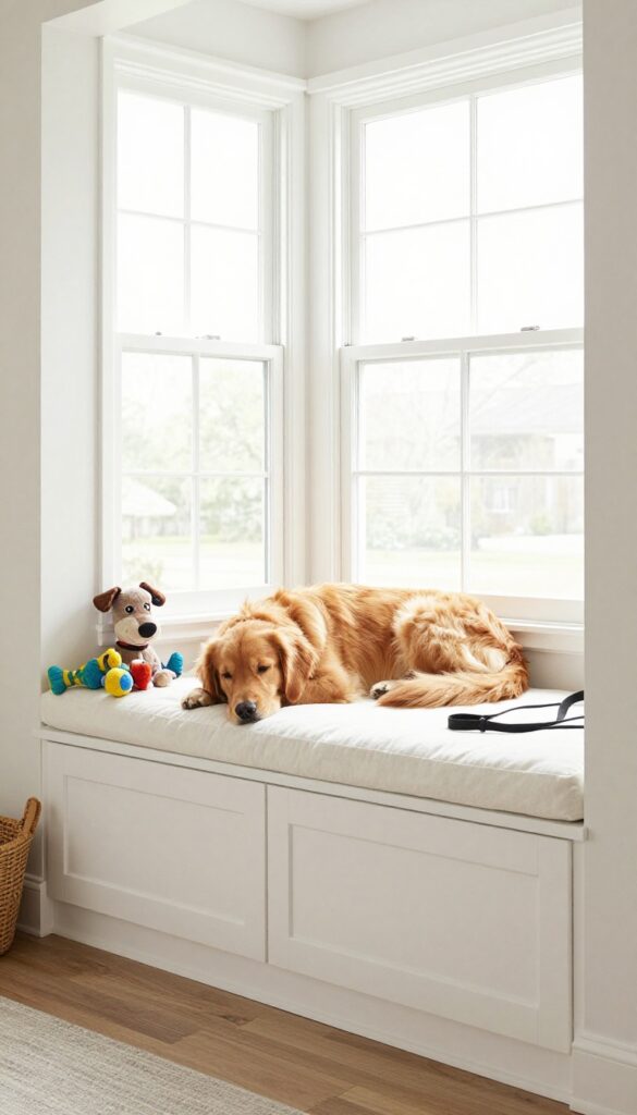 Built-in window seat bench with dog bed cubby and storage in a bright entryway
