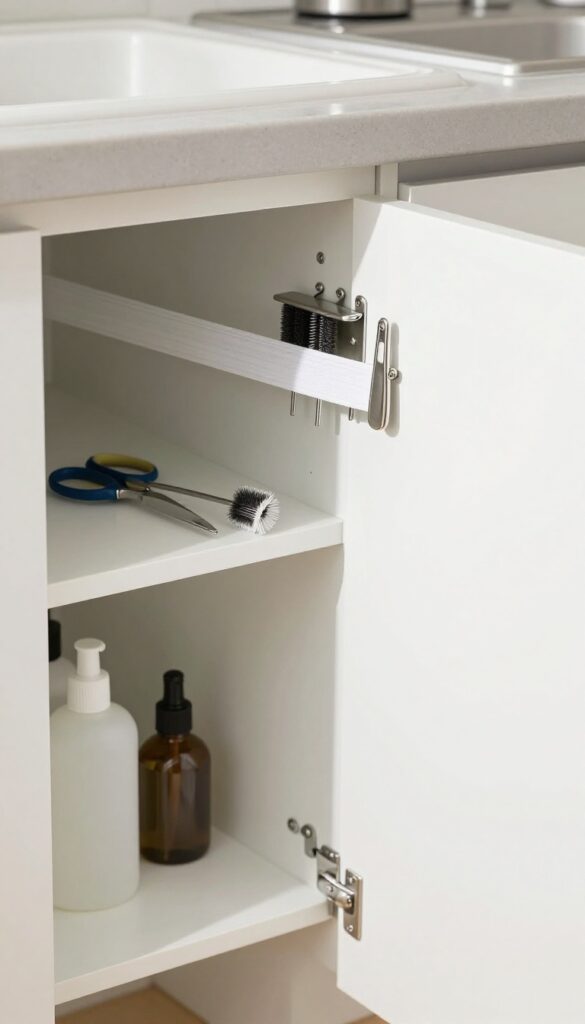 Magnetic strip holding metal cleaning tools inside a cabinet door for easy access