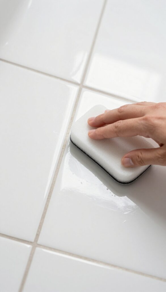 Hand scrubbing grout with a magic eraser sponge on a white bathroom floor
