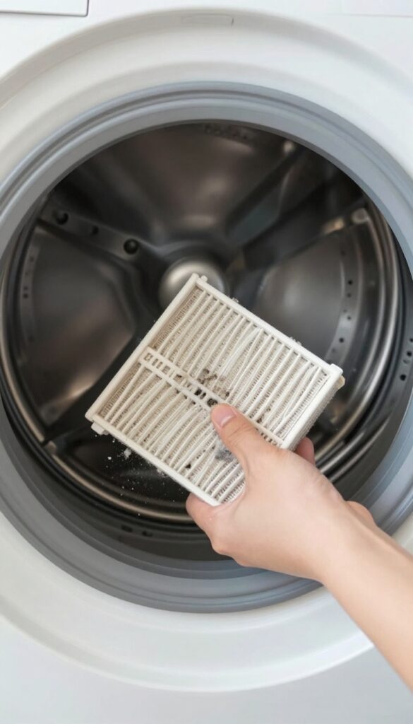 Hands cleaning the drain pump filter of a washing machine with a pan underneath to catch water